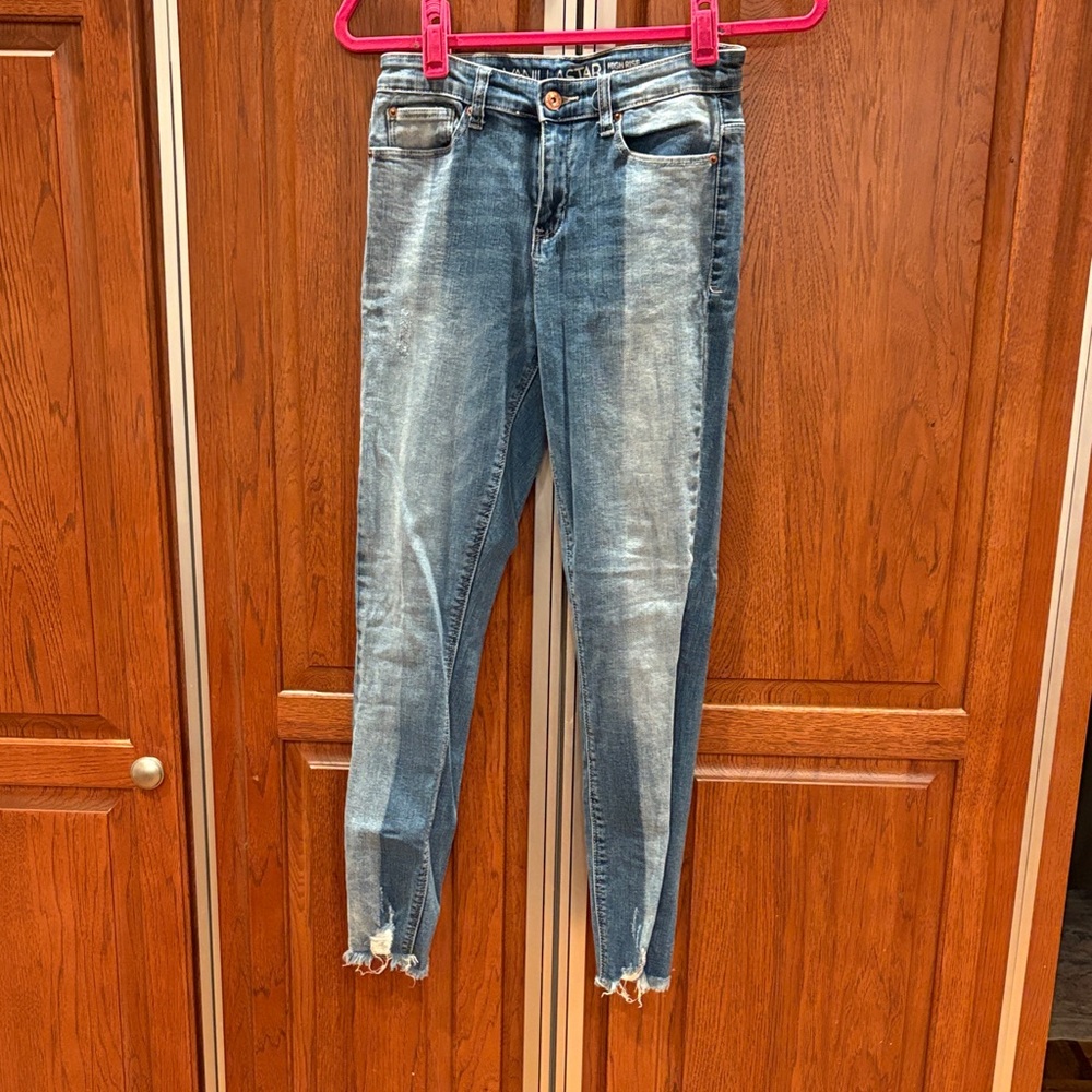 Vanilla Star Light Blue Skinny Jeans With Frayed Hem High Rise